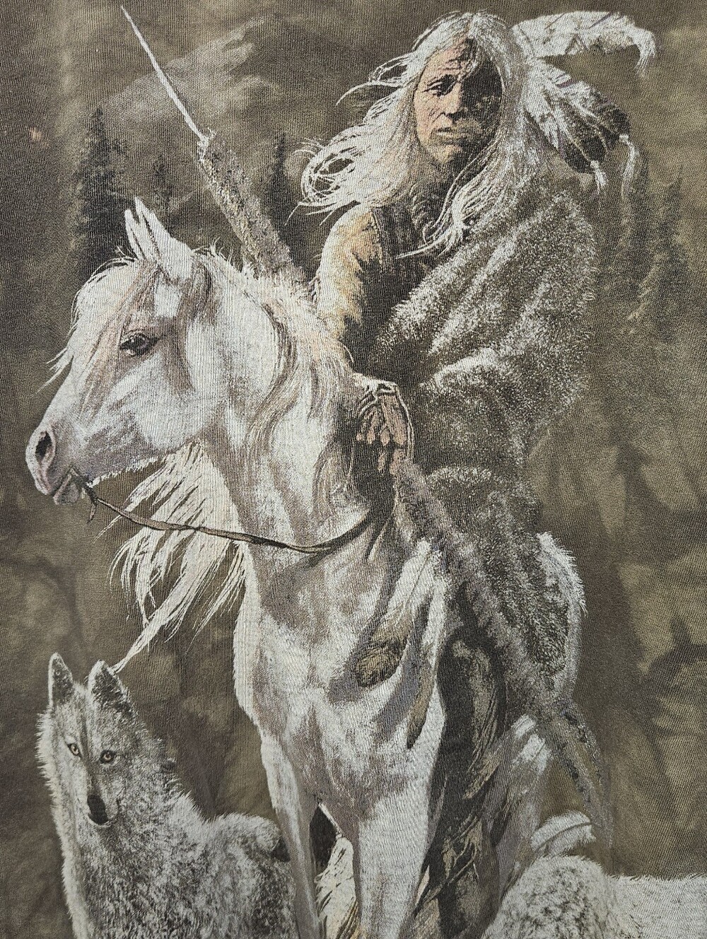 Vintage - The Mountain Brown Native Men’s T-Shirt with Wolf & Horse Print sz XL - Picture 8 of 9
